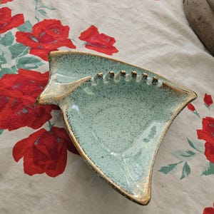 Vintage MCM Turquoise Ceramic Ashtray | Atomic Boomerang Catchall Dish | Mid Century Modern Speckled Pottery Trinket Tray