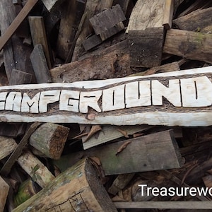 Chainsaw Carved Campground Sign: Rustic Pine Wood Outdoor Decor