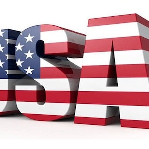 May include: A 3D rendering of the word "USA" in red, white, and blue, styled like the American flag.