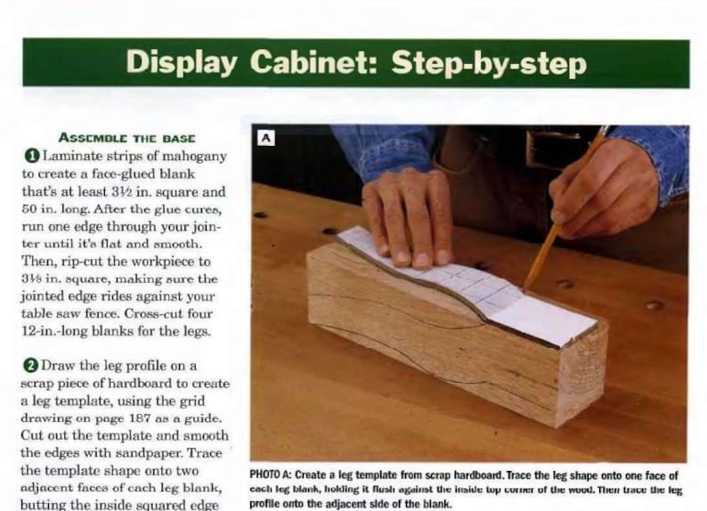 May include: A step-by-step guide for assembling a display cabinet. The image shows a person tracing a leg shape onto a piece of wood using a template. The text in the image reads "Assemble the Base" and "Draw the leg profile".