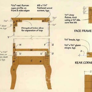 May include: A detailed line drawing of a wooden table frame construction plan. The plan includes measurements in inches and labels for different parts of the frame, such as the base cleat, glass stops, and face frame stiles. The drawing also includes instructions for routing flutes and using a core box bit.