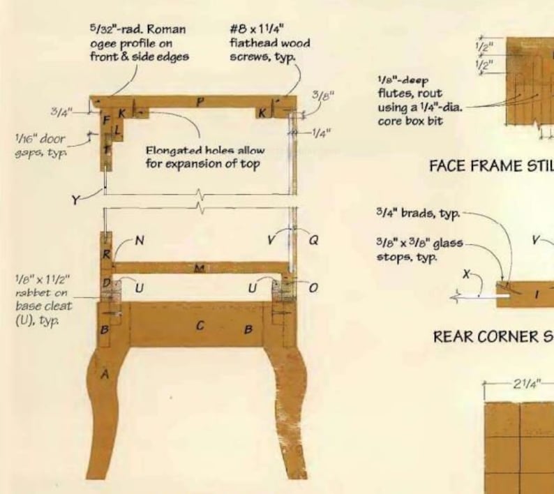 May include: A detailed line drawing of a wooden table frame construction plan. The plan includes measurements in inches and labels for different parts of the frame, such as the base cleat, glass stops, and face frame stiles. The drawing also includes instructions for routing flutes and using a core box bit.