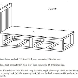 May include: Line drawing of a wooden bed frame with a headboard, footboard, and slats. The bed frame is 99 cm long and 39 cm wide. Figure 9.