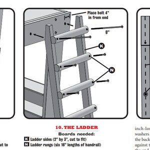 May include: Diagram showing instructions for a puppet theatre and bookcase, with measurements in inches. The ladder diagram details ladder sides, rungs, and bolt placement. Measurements include 3 inches, 9 inches, and 4 inches from the end.