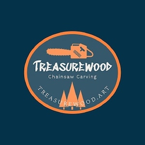 May include: Orange and blue circular logo with the text "Treasurewood Chainsaw Carving" and the text "Treasurewood.art" around the edge. A chainsaw is depicted in the center of the logo.