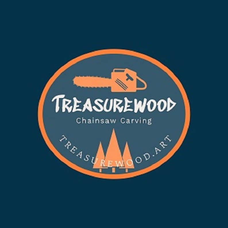 May include: Orange and blue circular logo with the text "Treasurewood Chainsaw Carving" and the text "Treasurewood.art" around the edge. A chainsaw is depicted in the center of the logo.