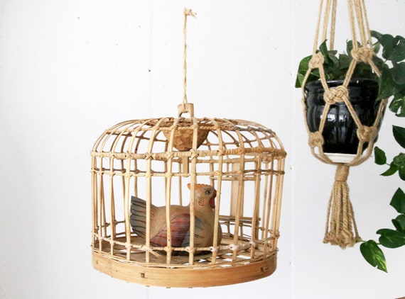 En Rotin Vintage Boho Suspendu Cage à Oiseaux Cage à Poule En Bois Bois Courbé