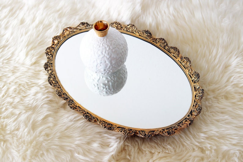 Vintage Vanity Mirror Tray Perfume Jewelry Bathroom Decor Rose Mothers Day Gift