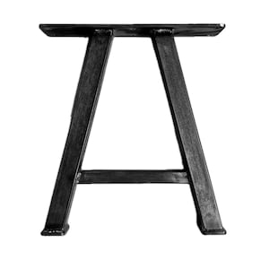 May include: A black metal table base with an A-frame design. The base has a rectangular top and angled legs that meet at a horizontal bar. The metal has a textured, industrial finish.