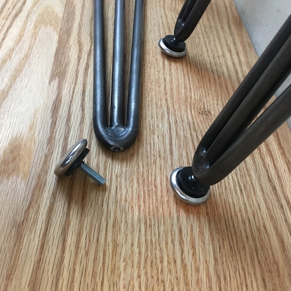 40" 3-Rod Hairpin Table Legs with Adj. Feet (4)  Pub/Bar Height, Raw Steel or Black Powder Coated  with SS Adjustable Feet, 7/16" Rods
