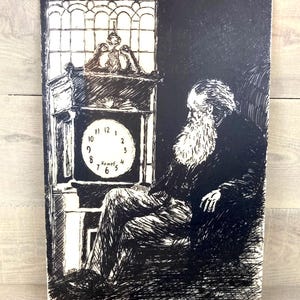 May include: Black and white illustration of a man with a long beard seated next to a grandfather clock. The clock face shows the time as 4:00. The image has a vintage, sketched style.