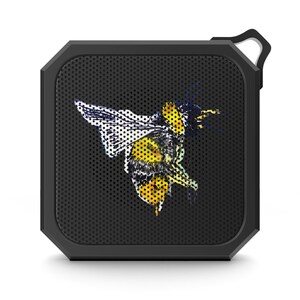 May include: A black portable Bluetooth speaker with a bee graphic on the front. The speaker has a textured black grill and a small carrying handle.