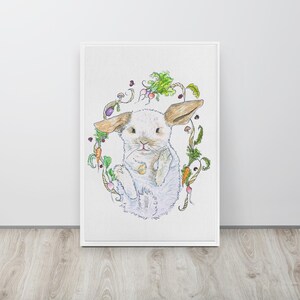 Watercolor Bunny Framed Wall Art – Vintage Rabbit Print, Cottagecore Easter Decor, Whimsical Nature-Inspired Canvas