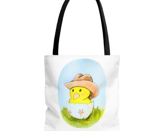 Tote Bag – Cowboy Baby Chick Watercolor | Farm Animal Bag, Spring Farmhouse Decor