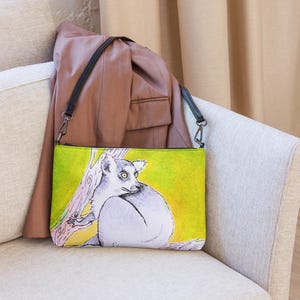 Bright Green Lemur Crossbody Bag – Faux Leather Purse with Adjustable Straps, Cute Animal Lover Gift