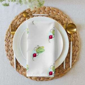 CocktailRadish Watercolor Cloth Napkin Set – Garden Veggies Print, Farmhouse Kitchen Decor, Eco-Friendly Dining Linens