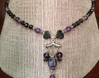 19 inch Amethyst, Onyx and Sterling Silver Beaded Necklace with Pendant