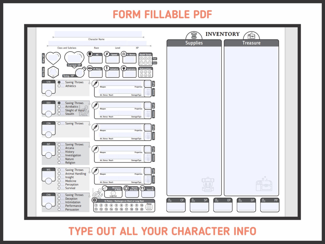 MONK CHARACTER SHEET for Dnd 5e Form Fillable Pdf Dungeons - Etsy Finland