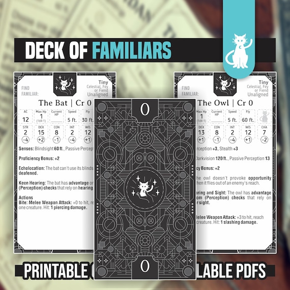 DECK OF FAMILIARS for DnD 5e | Form Fillable PDFs Included | Dungeons and Dragons | D&D | Printable Cards