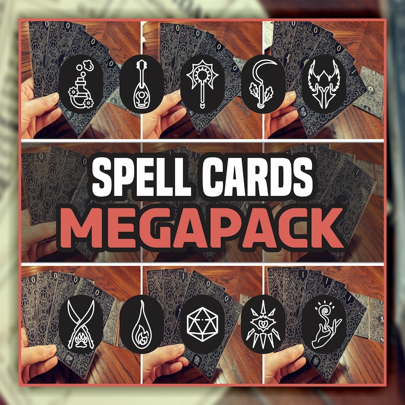 Peut inclure: Un jeu de cartes de sorts noires et blanches avec divers symboles, dont une potion, une luth, un b&acirc;ton, une faucille, une cr&eacute;ature ail&eacute;e, une paire d'&eacute;p&eacute;es crois&eacute;es, une flamme, un d&eacute;, un &oelig;il et une main avec un tourbillon. Les cartes sont dispos&eacute;es en grille et portent le texte "SPELL CARDS MEGAPACK" en lettres blanches sur fond rouge.