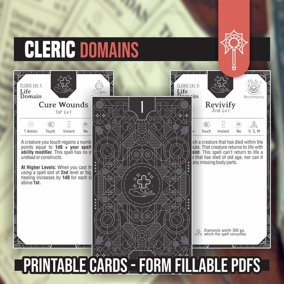 CLERIC DOMAIN CARDS for DnD 5e | Form Fillable PDFs Included | Dungeons and Dragons | D&D | Printable Dnd Spell Cards | Dnd Subclasses