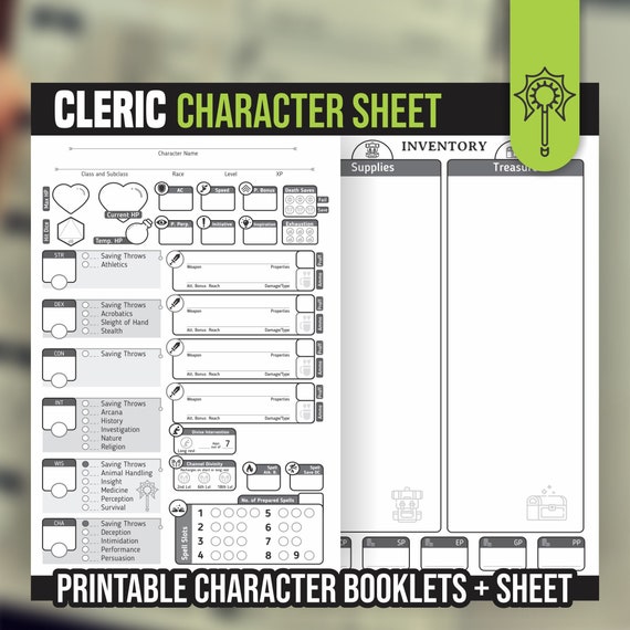 CLERIC CHARACTER SHEET for DnD 5e | Form Fillable Pdf | Dungeons and Dragons | Printable Character Sheet | D&D | DnD Character Journal
