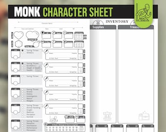 MONK CHARACTER SHEET for DnD 5e | Form Fillable Pdf | Dungeons and Dragons | Printable Character Sheet | D&D | DnD Character Journal