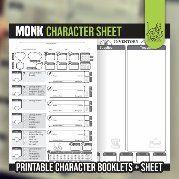 MONK CHARACTER SHEET for DnD 5e | Form Fillable Pdf | Dungeons and Dragons | Printable Character Sheet | D&D | DnD Character Journal