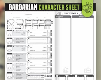 BARBARIAN CHARACTER SHEET for DnD 5e | Form Fillable Pdf | Dungeons and Dragons | Printable Character Sheet | D&D | DnD Character Journal