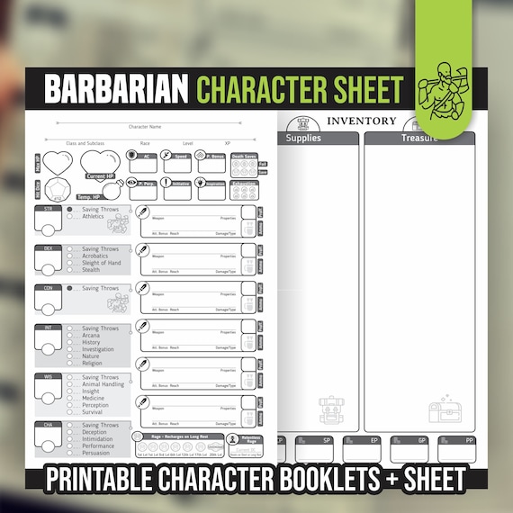 BARBARIAN CHARACTER SHEET for DnD 5e | Form Fillable Pdf | Dungeons and Dragons | Printable Character Sheet | D&D | DnD Character Journal