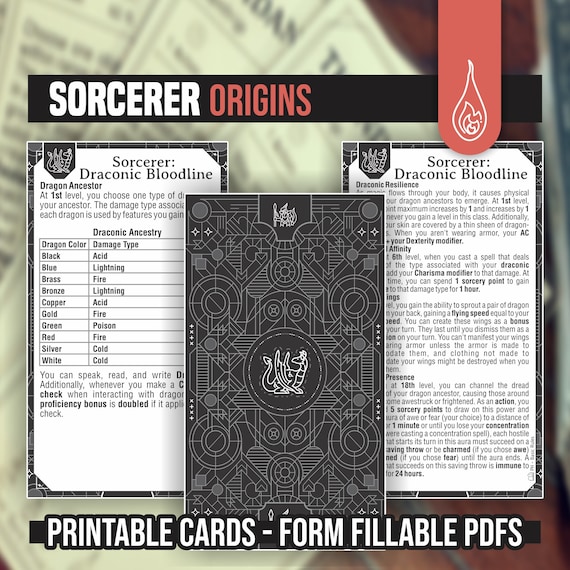 SORCERER ORIGIN CARDS for DnD 5e | Form Fillable PDFs Included | Dungeons and Dragons | D&D | Printable Dnd Spell Cards | Dnd Subclasses