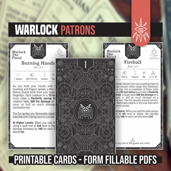 WARLOCK PATRON CARDS for DnD 5e | Form Fillable PDFs Included | Dungeons and Dragons | D&D | Printable Dnd Spell Cards | Dnd Subclasses