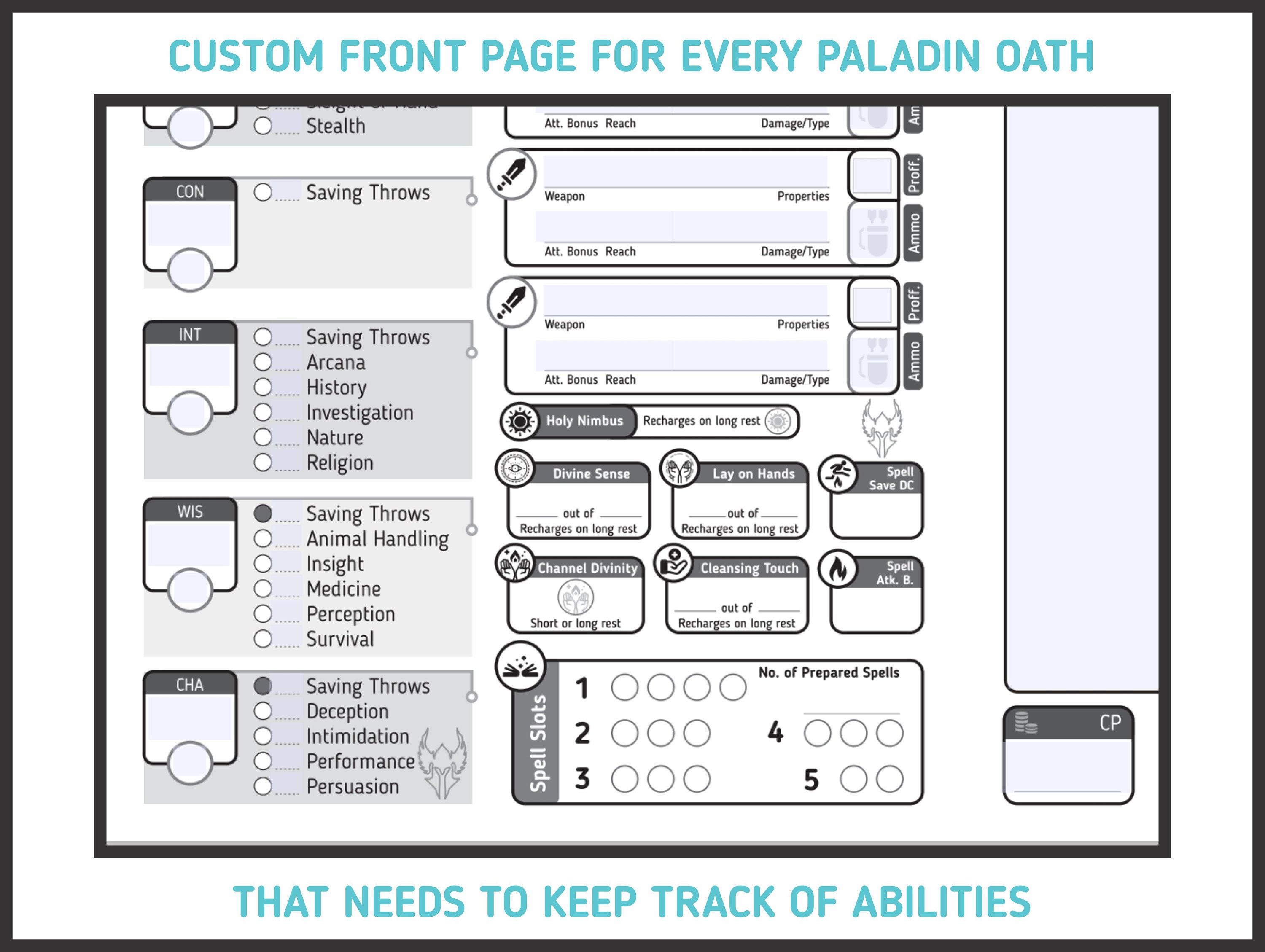 PALADIN CHARACTER SHEET for DnD 5e Form Fillable Pdf Dungeons and