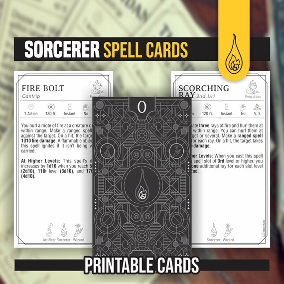 SORCERER Spell Cards for DnD 5e | Form Fillable PDFs Included | Dungeons and Dragons | D&D | Printable Spell Cards
