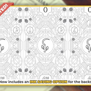 May include: Black and white printable coloring page featuring a geometric pattern with a sickle and wheat design. The page is labeled "0" at the top and bottom. The text "UPDATED!" appears in the top left corner. The text "Now includes an INK SAVING OPTION for the backs" appears at the bottom of the page.
