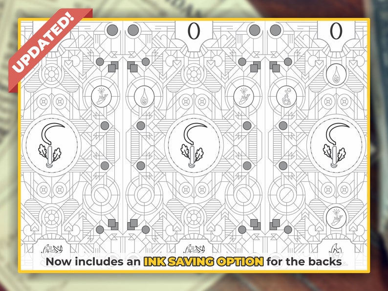 May include: Black and white printable coloring page featuring a geometric pattern with a sickle and wheat design. The page is labeled "0" at the top and bottom. The text "UPDATED!" appears in the top left corner. The text "Now includes an INK SAVING OPTION for the backs" appears at the bottom of the page.