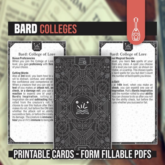 BARDIC COLLEGE CARDS for DnD 5e | Form Fillable PDFs Included | Dungeons and Dragons | D&D | Printable Dnd Spell Cards | Dnd Subclasses