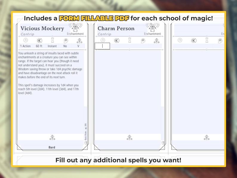 BARD Spell Cards for Dnd 5e Form Fillable Pdfs Included Etsy