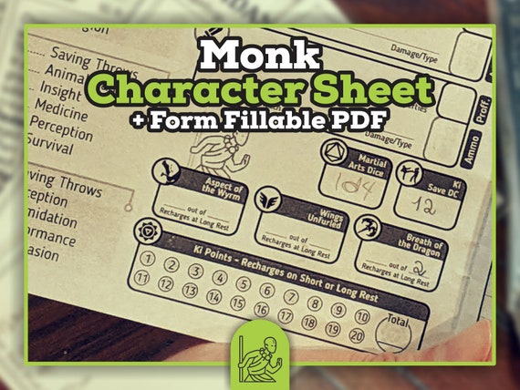 Monk Character Sheet For Dnd 5e Form Fillable Pdf Dungeons Etsy Ireland