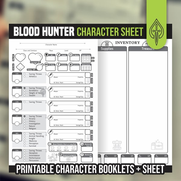 Blood Hunter CHARACTER SHEET for DnD 5e | Form Fillable PDF | Dungeons and Dragons | Printable Character Sheet | D&D | DnD Character Journal