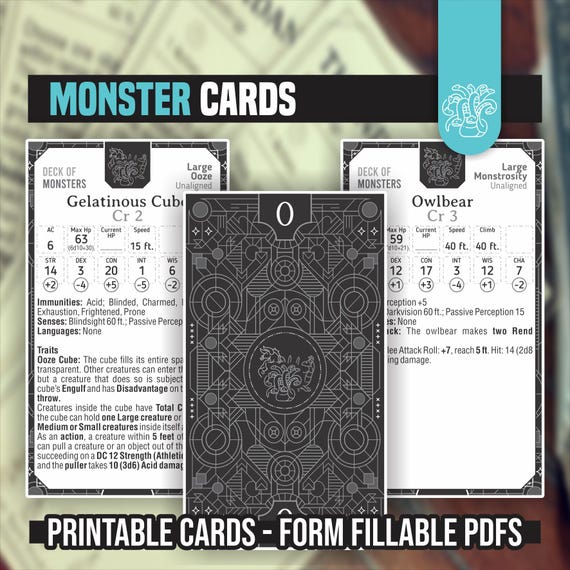 MONSTER CARDS for DnD 5e | Form Fillable PDFs | Dungeons and Dragons | D&D | Printable Cards