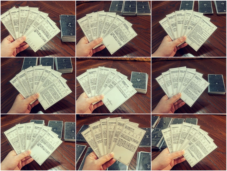 Peut inclure: Un ensemble de cartes avec diff&eacute;rents titres, dont "Mur de Moutons", "Trouver un Coursier", "Dreadnought", "Sommeil du Loup", "Boule de Feu" et "Condamnation". Les cartes sont blanches avec du texte noir et sont dispos&eacute;es en &eacute;ventail.