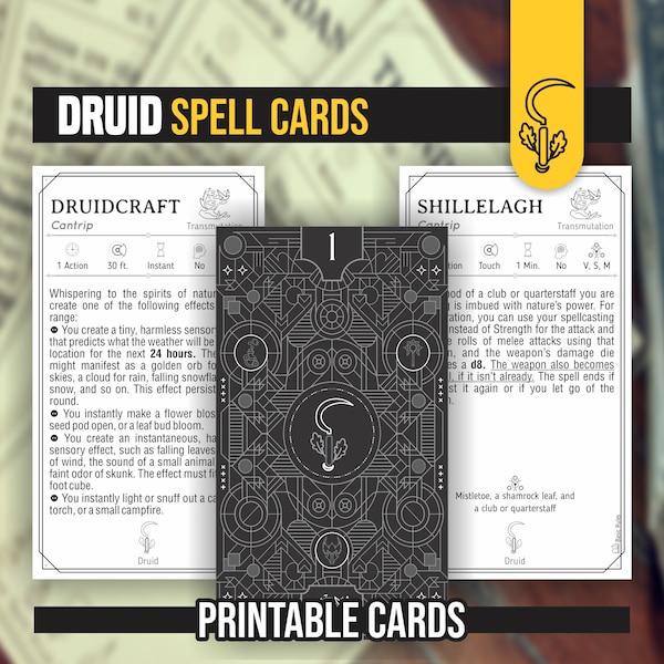 Cartes magiques DRUIDE pour D&D 5e | PDF à remplir par formulaire inclus | Donjons et dragons | D&D | Cartes de sorts imprimables