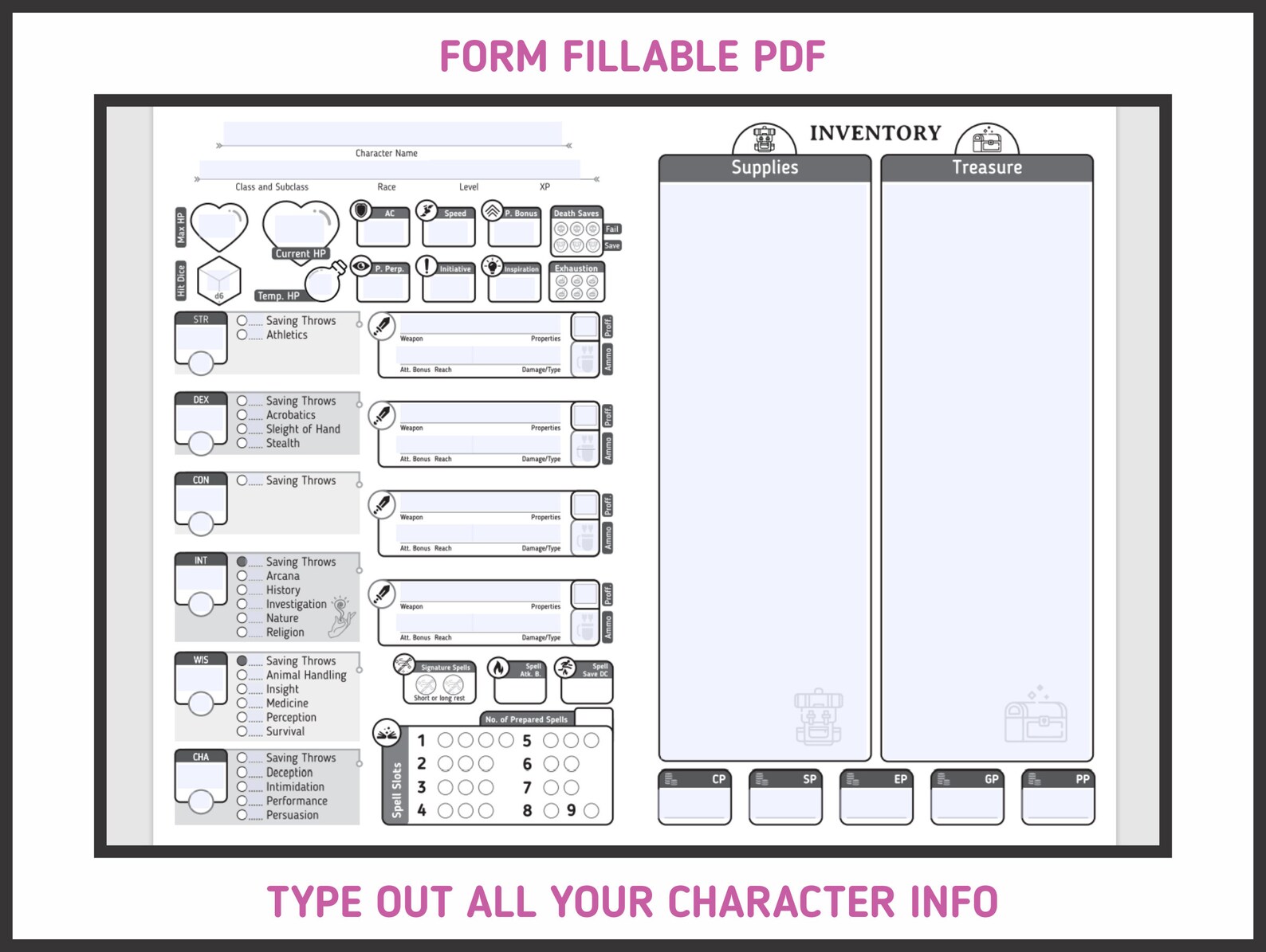 WIZARD CHARACTER SHEET for Dnd 5e Form Fillable Pdf - Etsy