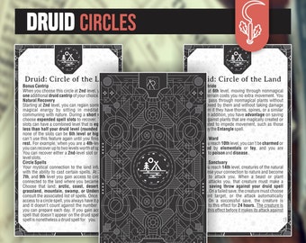 May include: Two black and white printable cards with a gray background. The cards are for a Dungeons and Dragons role-playing game. The cards are for the Druid class and feature the Circle of the Land and Circle of the Moon subclasses. The cards have a black and white illustration of a campfire and a tent on each card.