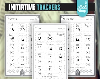 May include: Three black and white character sheets for a role-playing game. Each sheet has a name, alignment, and stats like AC, Max HP, Current HP, Speed, Perception, Spell Save, STR, DEX, CON, INT, WIS, and CHA. The sheets are labeled "Ayewin", "Tara", and "Wilstare".