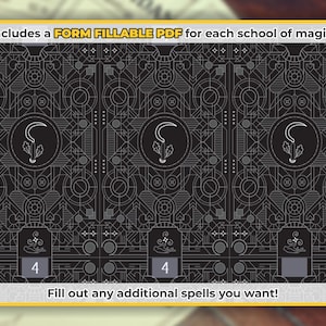 Peut inclure: Trois cartes noires et blanches avec un motif g&eacute;om&eacute;trique. Chaque carte pr&eacute;sente un symbole de faucille et de feuille au centre. Le bas de chaque carte porte le num&eacute;ro "4". Le texte "Includes a FORM FILLABLE PDF for each school of magic!" est en haut de l'image. Le texte "Fill out any additional spells you want!" est en bas de l'image.