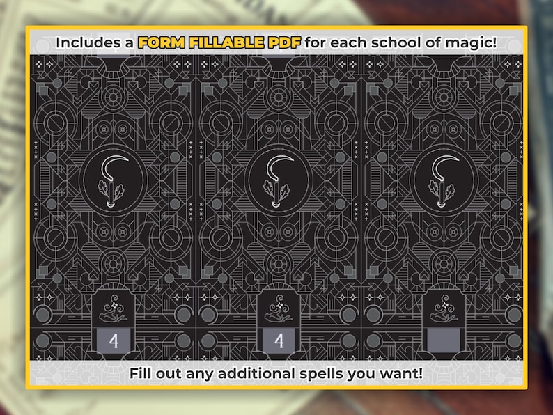 Peut inclure: Trois cartes noires et blanches avec un motif g&eacute;om&eacute;trique. Chaque carte pr&eacute;sente un symbole de faucille et de feuille au centre. Le bas de chaque carte porte le num&eacute;ro "4". Le texte "Includes a FORM FILLABLE PDF for each school of magic!" est en haut de l'image. Le texte "Fill out any additional spells you want!" est en bas de l'image.