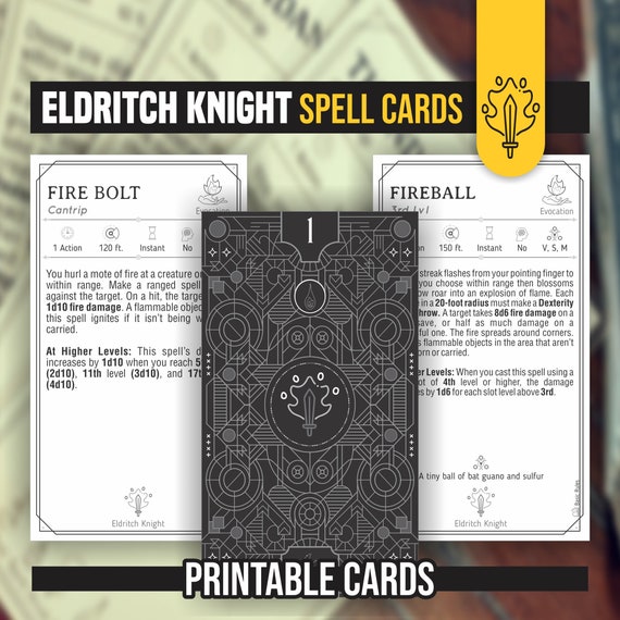 ELDRITCH KNIGHT Spell Cards for DnD 5e | Form Fillable PDFs Included | Dungeons and Dragons | D&D | Printable Spell Cards