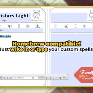 Peut inclure: Une feuille de sorts imprimable Dungeons and Dragons avec le titre "Vristars Light" et le texte "Cantrip" et "Compatible avec le brassage maison&nbsp;! Il suffit d&rsquo;&eacute;crire ou de taper vos sorts personnalis&eacute;s&nbsp;!"